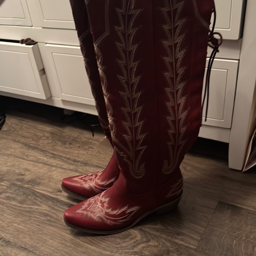 Vibrant Red Embroidered Cowboy Boots